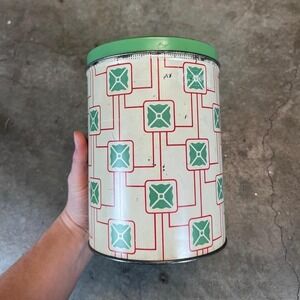 Vintage Mid Century Modern Geometric Metal Canister Tin Green Red Cream 7.25in